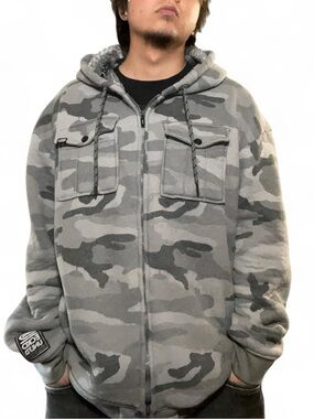Ecko Unltd. Men's Grey Camo Sherpa-Lined Zip-Up Hooded Cargo Jacket‎